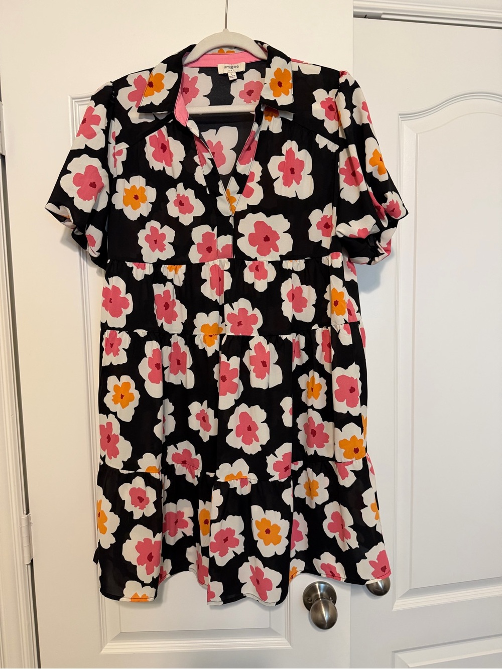 Umgee Black Floral Tiered Short Sleeve Dress with Pink & Yellow Flowers
